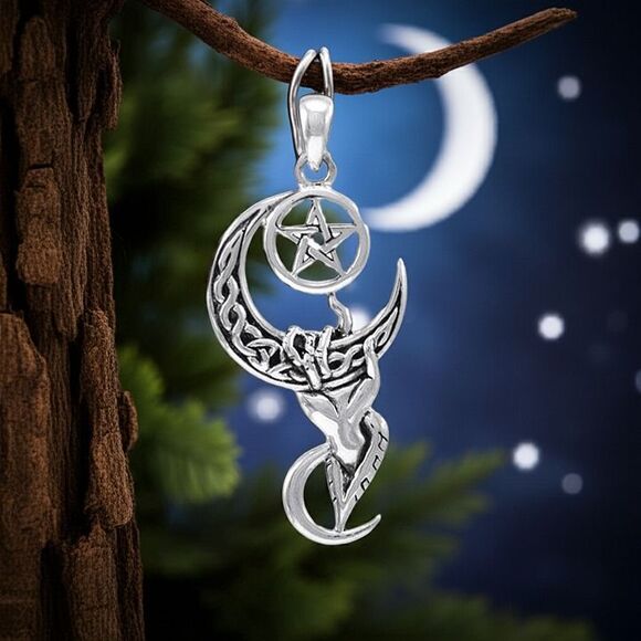 Hand Holding Celtic Moon with Pentacle Sterling Silver Pendant - Picture 1 of 2